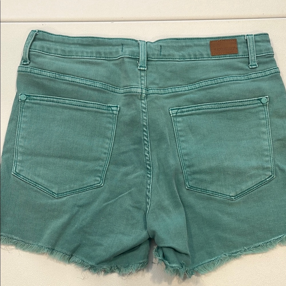 Judy Blue Green Jean Shorts Mid-Rise Frayed Hem - Picture 2 of 2